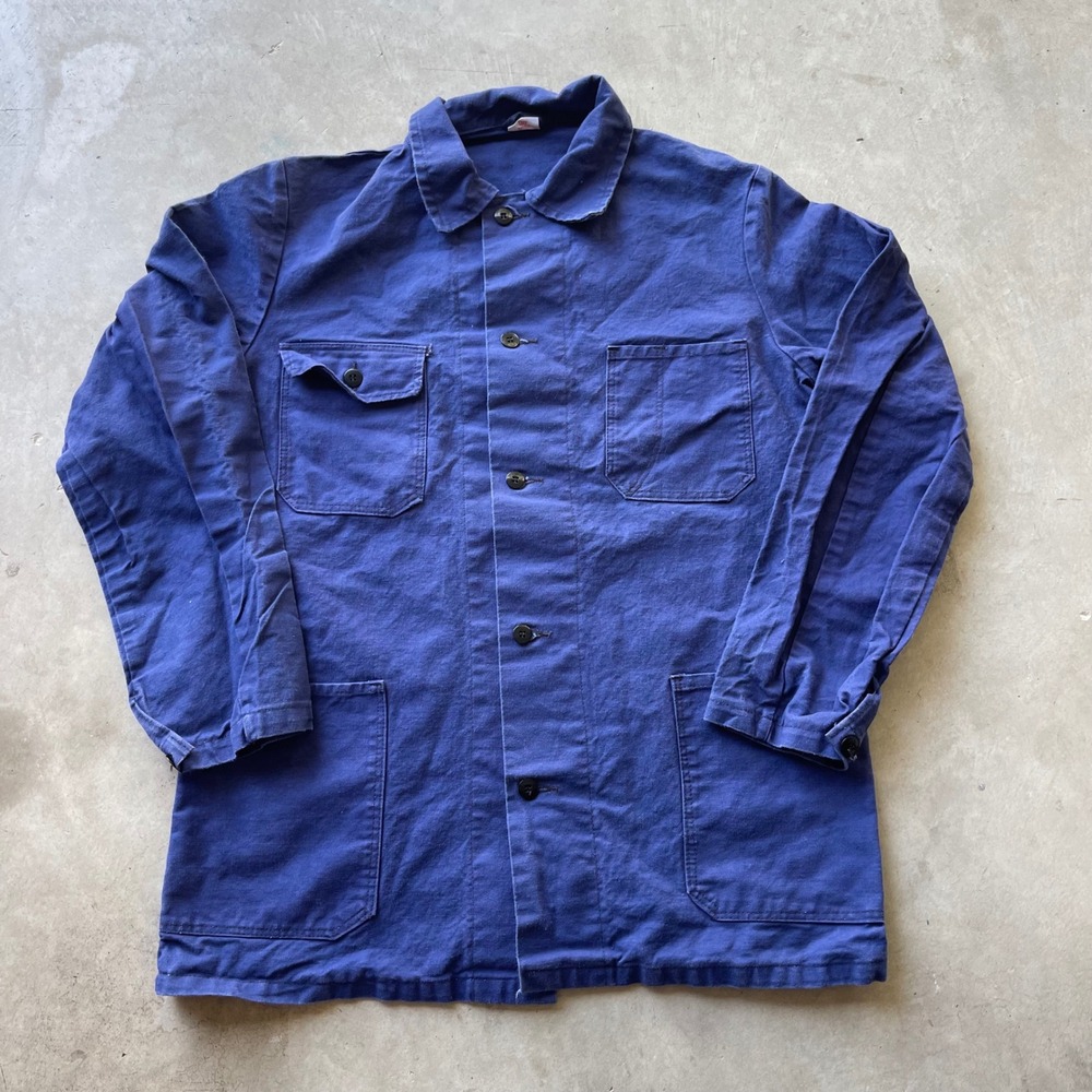 Vintage French Chore Jacket Blue Cotton Twill KEMIOY Graphic Work Coat Mens 48